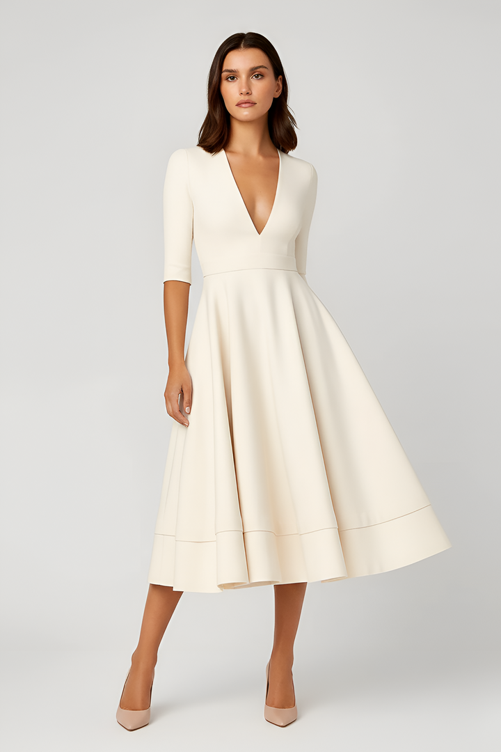 Women's V-Neck A-Line Midi Dress with 3/4 Sleeves