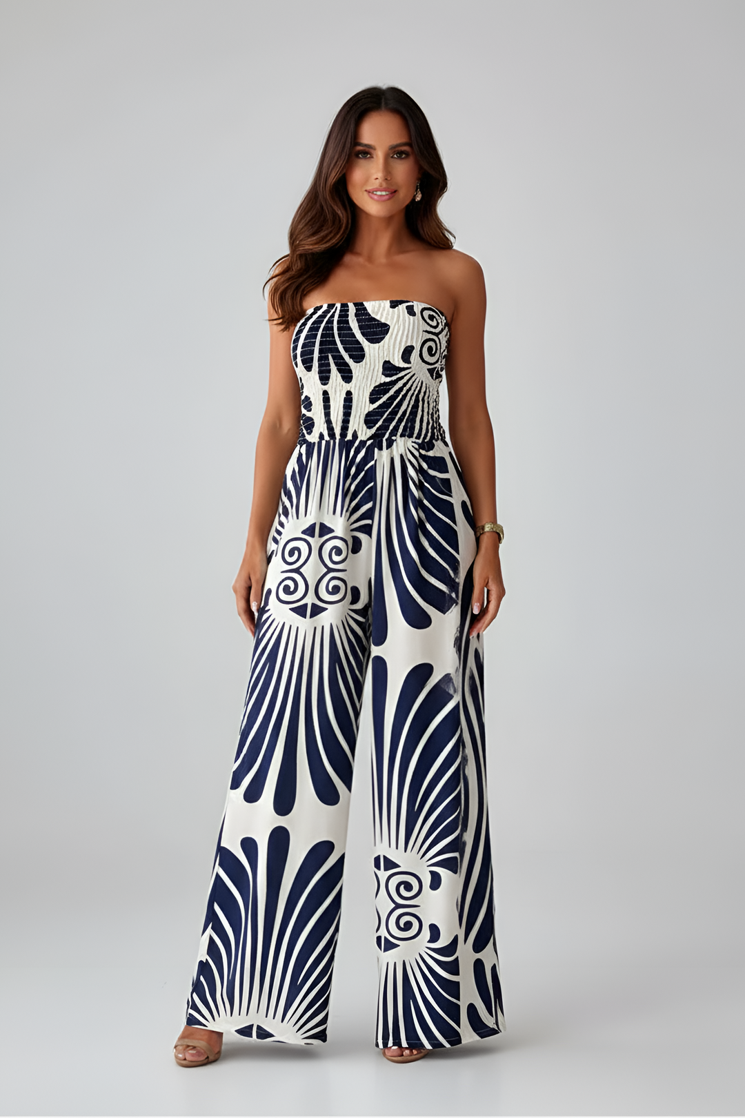 Women's Strapless Wide Leg Jumpsuit with Geometric Print