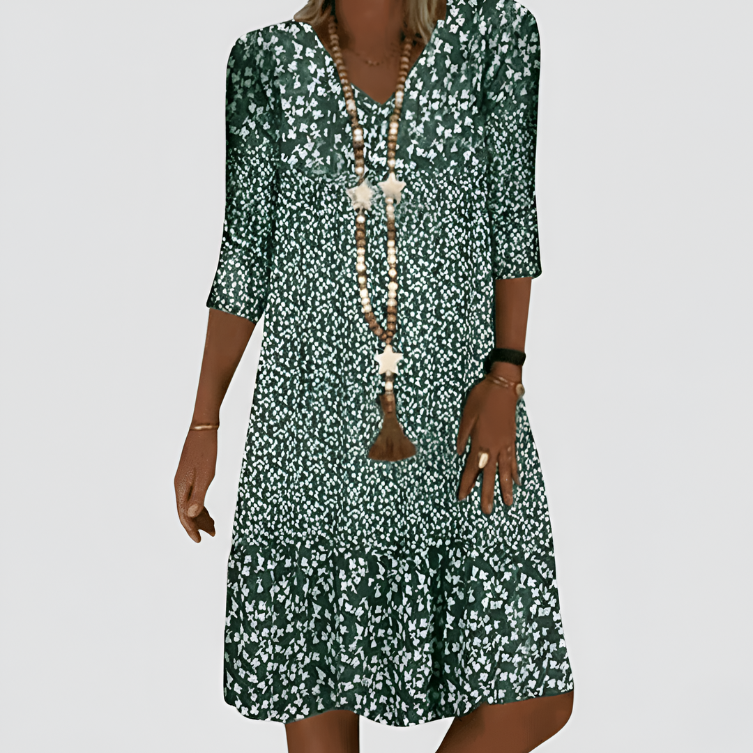 Women's Floral Print V-Neck Midi Dress with 3/4 Sleeves