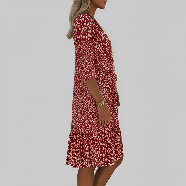 Women's Floral Print V-Neck Midi Dress with 3/4 Sleeves