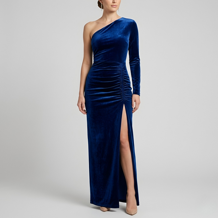 Women's One-Shoulder Velvet Bodycon Midi Dress