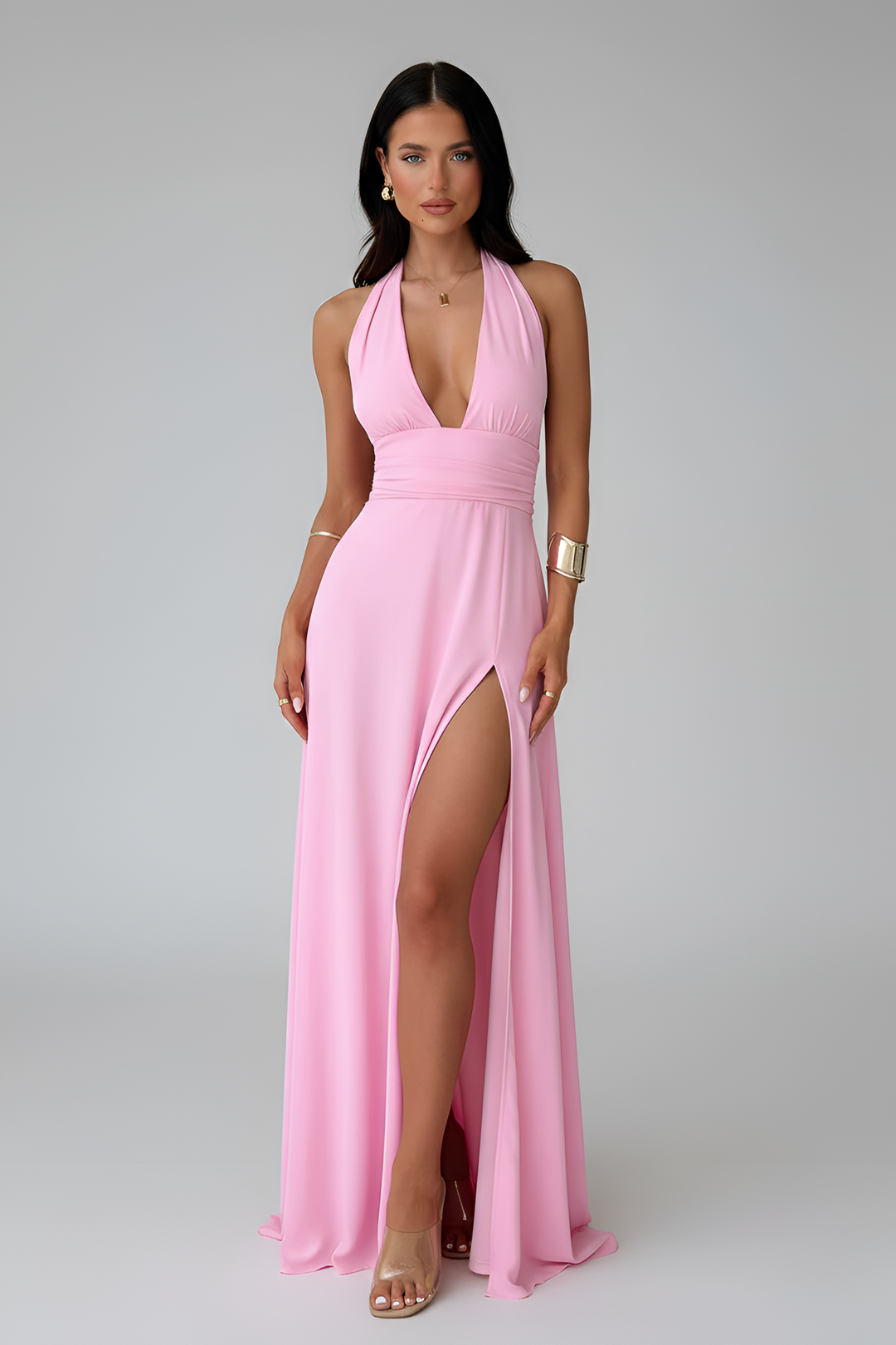 Women's Halter Neck Maxi Dress with Thigh Slit