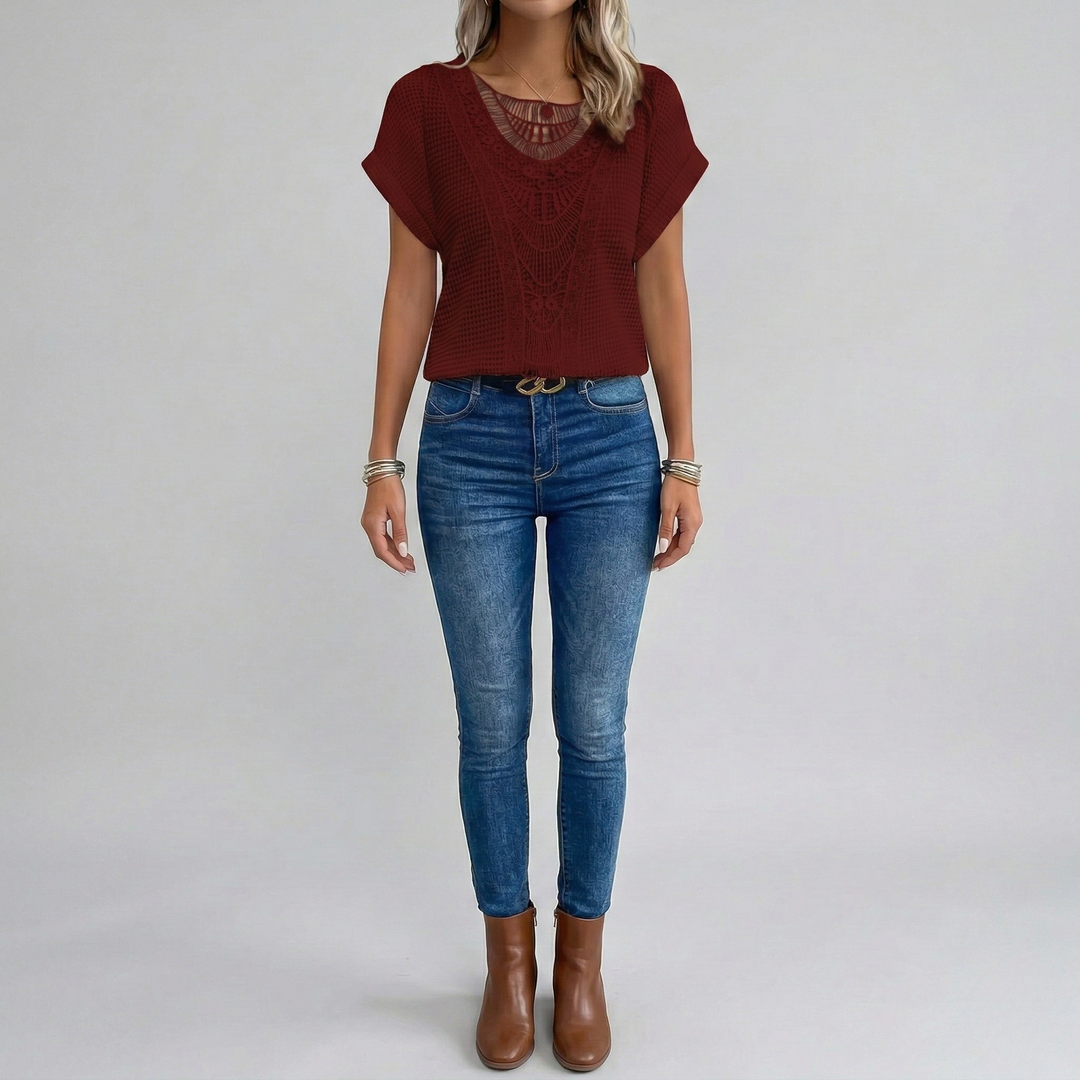 Women's Crochet Knit Short Sleeve V-Neck Top