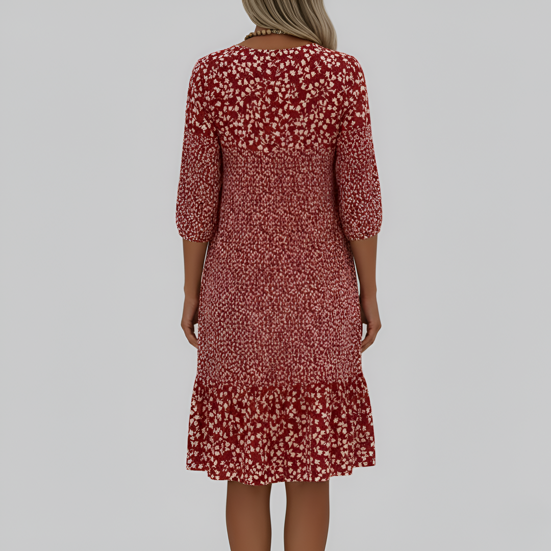 Women's Floral Print V-Neck Midi Dress with 3/4 Sleeves