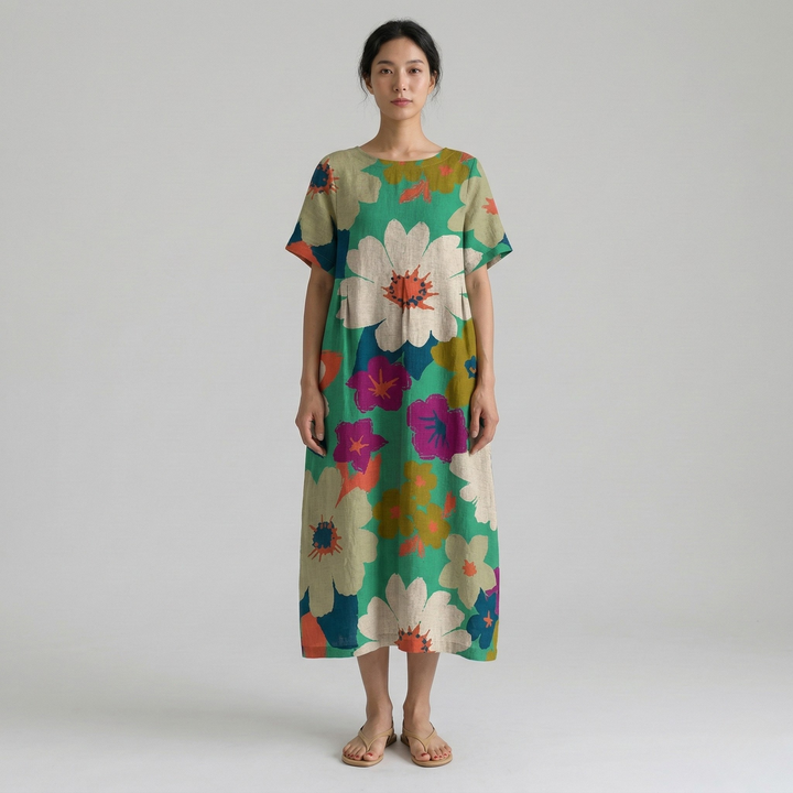 Women's Oversized Floral Print Short Sleeve Maxi Dress