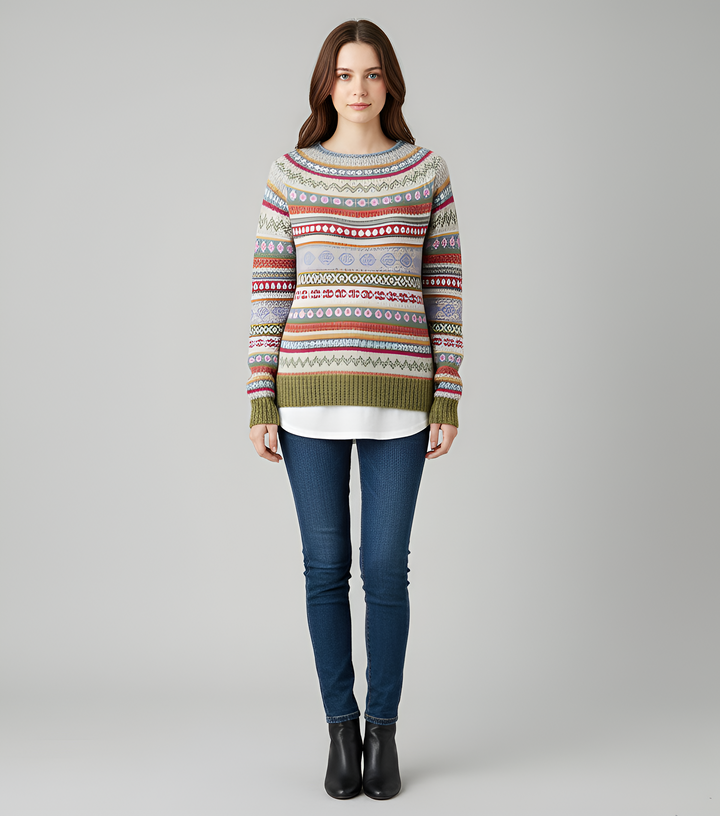 Women's Multicolor Striped Crew Neck Knit Sweater
