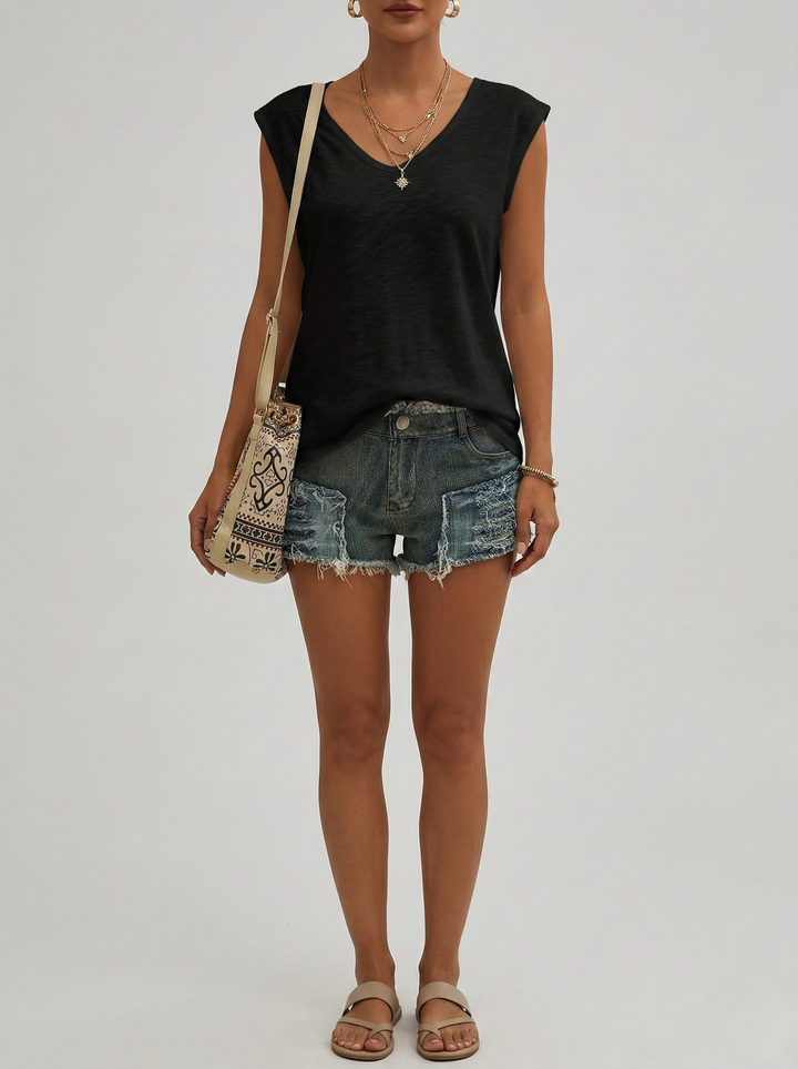 Women's V-Neck Cap Sleeve Casual Top