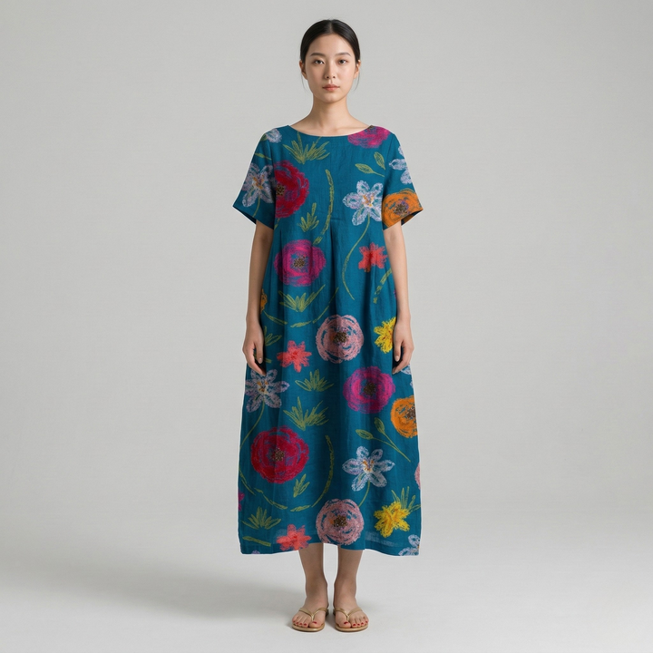 Women's Oversized Floral Print Short Sleeve Maxi Dress