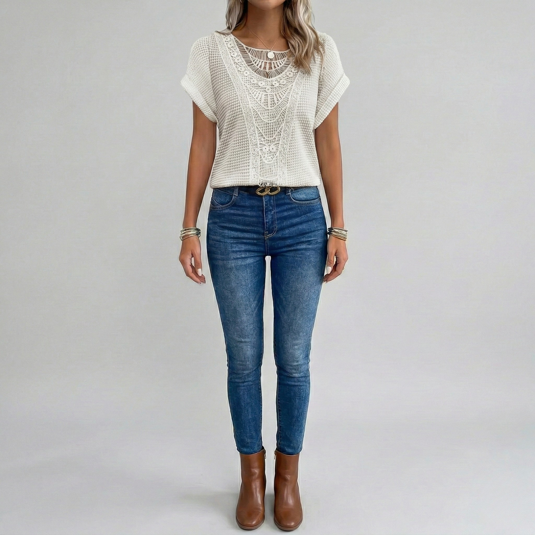 Women's Crochet Knit Short Sleeve V-Neck Top