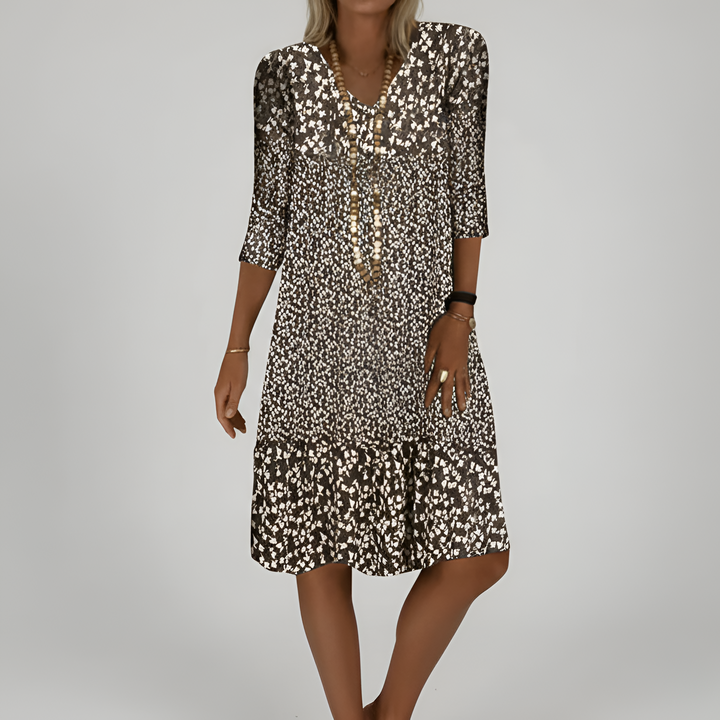 Women's Floral Print V-Neck Midi Dress with 3/4 Sleeves