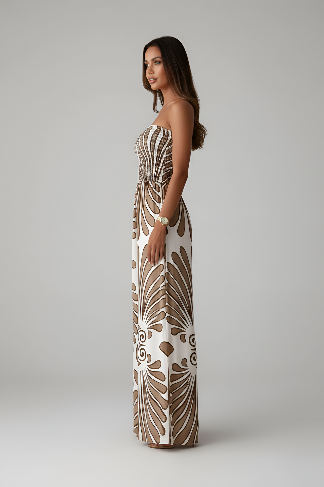Women's Strapless Wide Leg Jumpsuit with Geometric Print