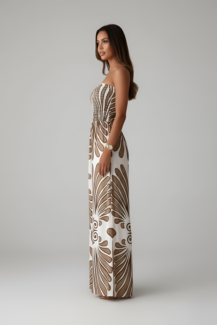 Women's Strapless Wide Leg Jumpsuit with Geometric Print