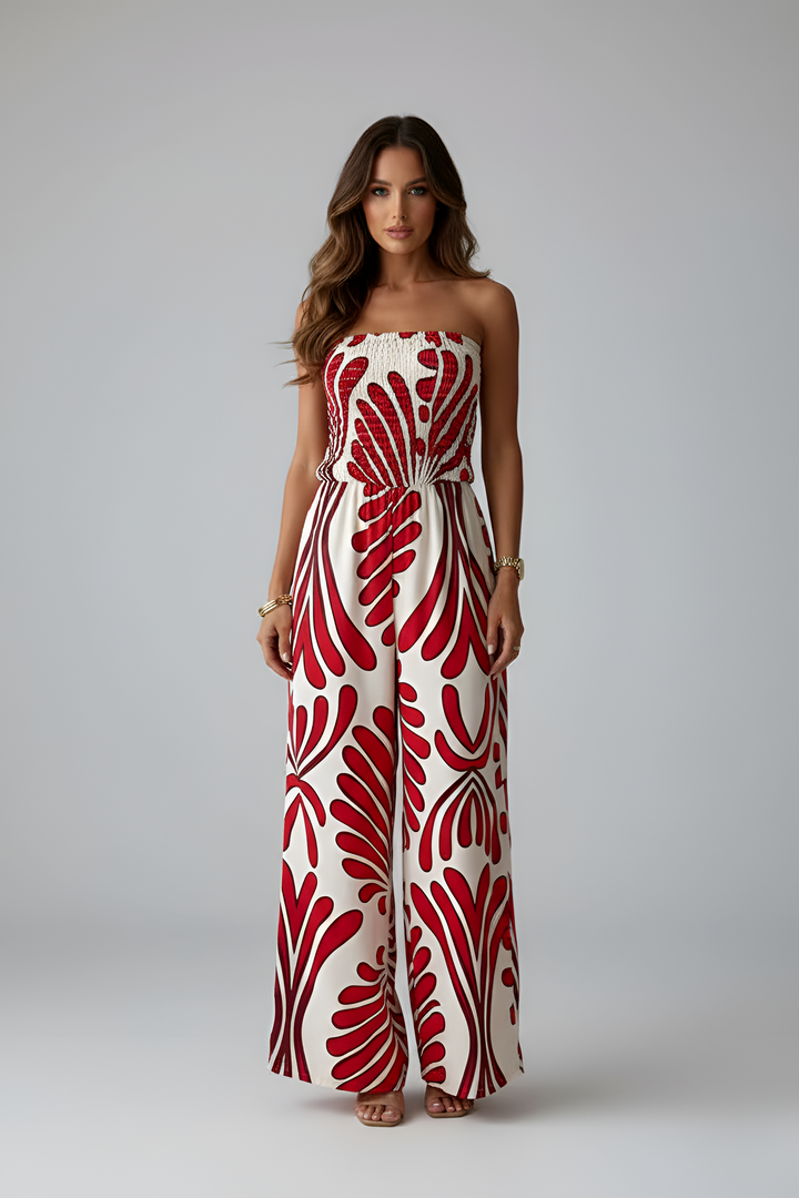 Women's Strapless Wide Leg Jumpsuit with Geometric Print