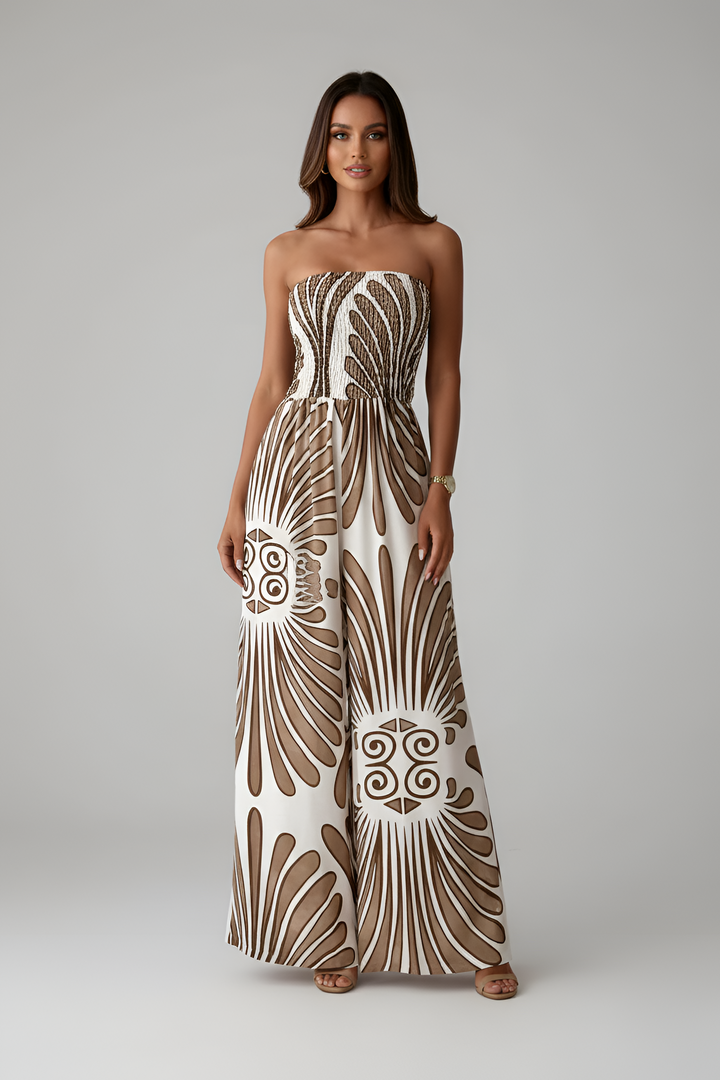 Women's Strapless Wide Leg Jumpsuit with Geometric Print
