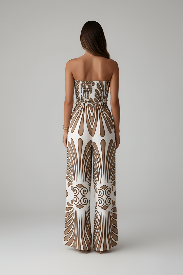 Women's Strapless Wide Leg Jumpsuit with Geometric Print