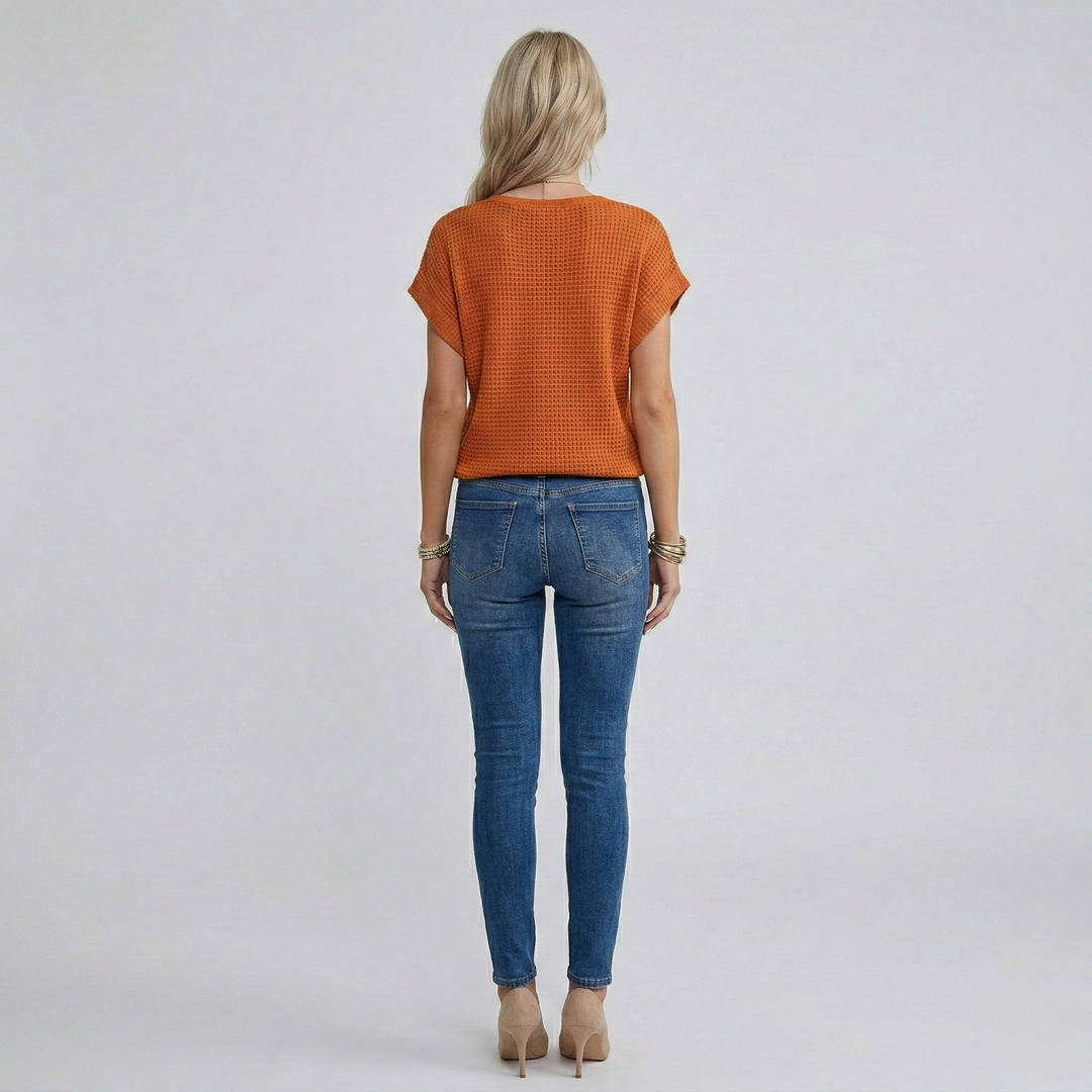 Women's Crochet Knit Short Sleeve V-Neck Top