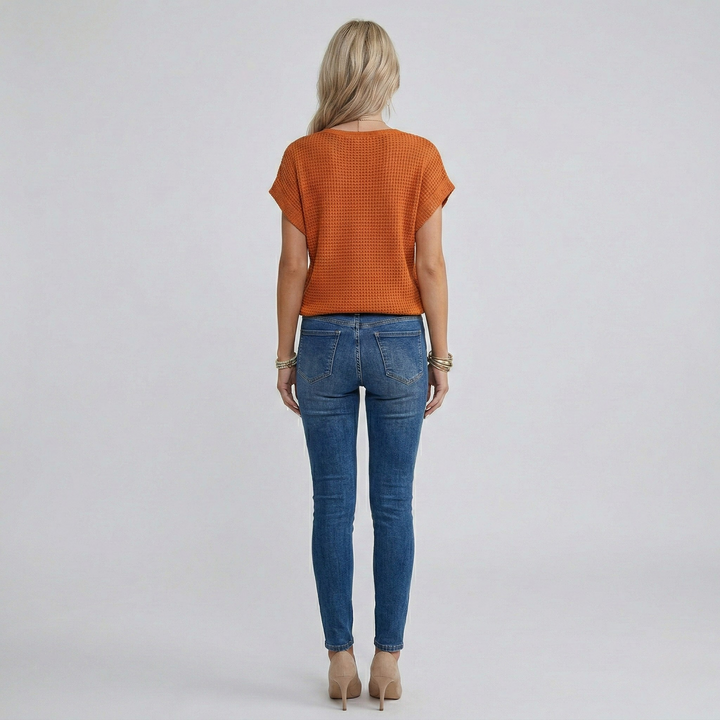 Women's Crochet Knit Short Sleeve V-Neck Top