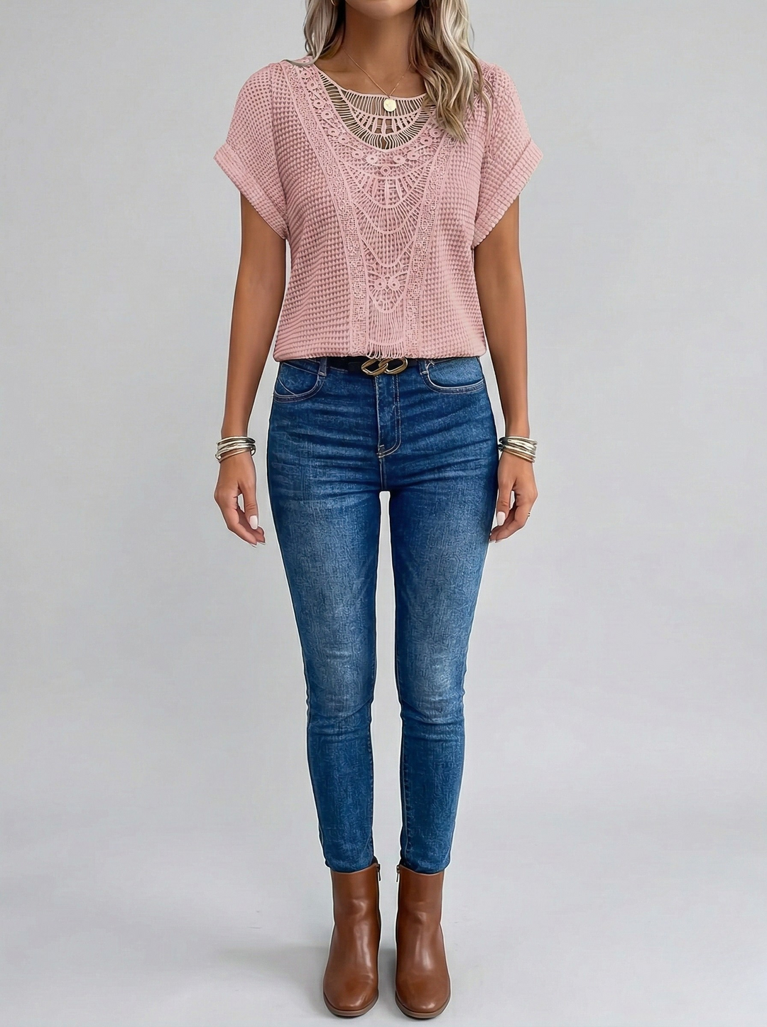 Women's Crochet Knit Short Sleeve V-Neck Top