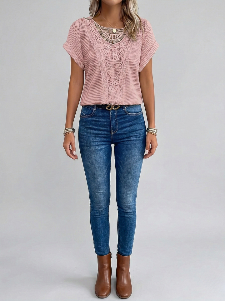 Women's Crochet Knit Short Sleeve V-Neck Top
