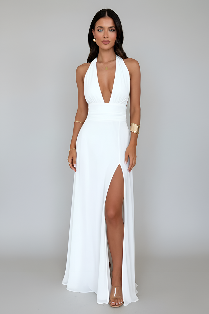 Women's Halter Neck Maxi Dress with Thigh Slit