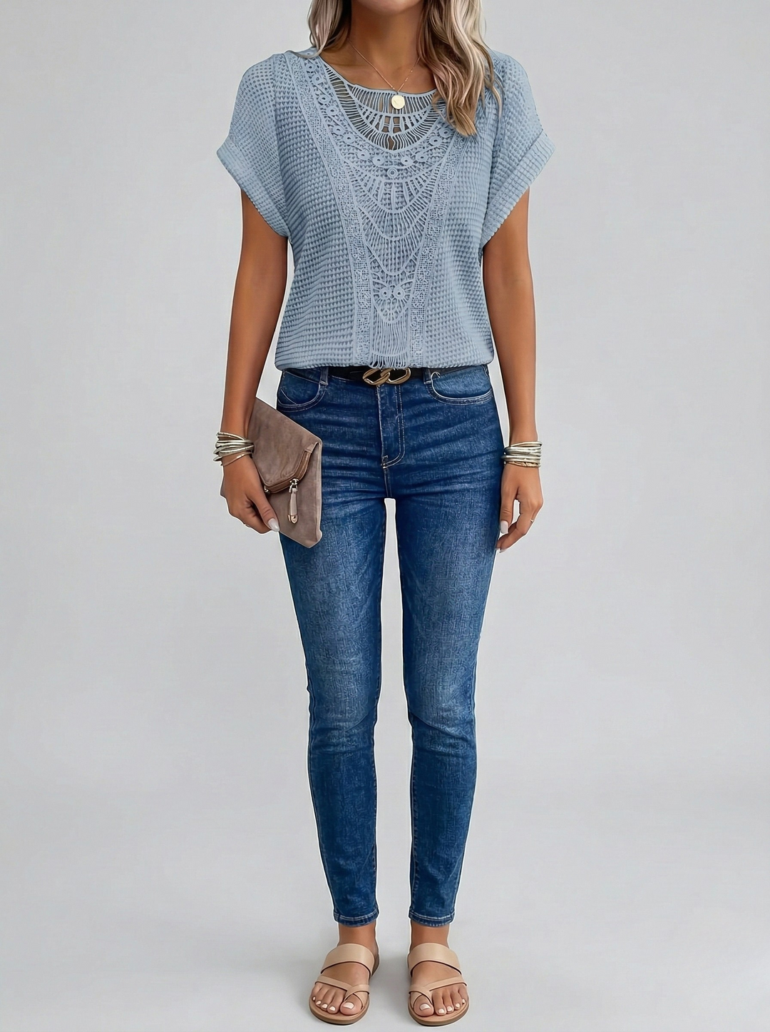 Women's Crochet Knit Short Sleeve V-Neck Top