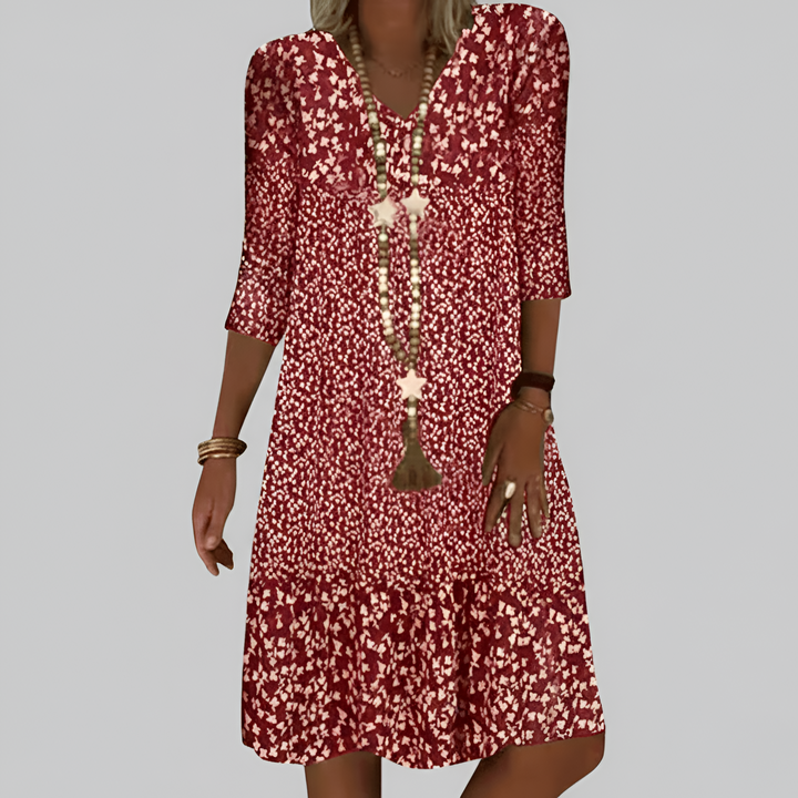 Women's Floral Print V-Neck Midi Dress with 3/4 Sleeves