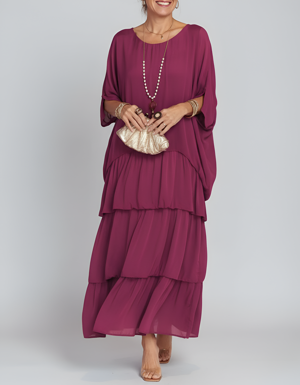 Women's Tiered Maxi Dress with Round Neck and 3/4 Sleeves