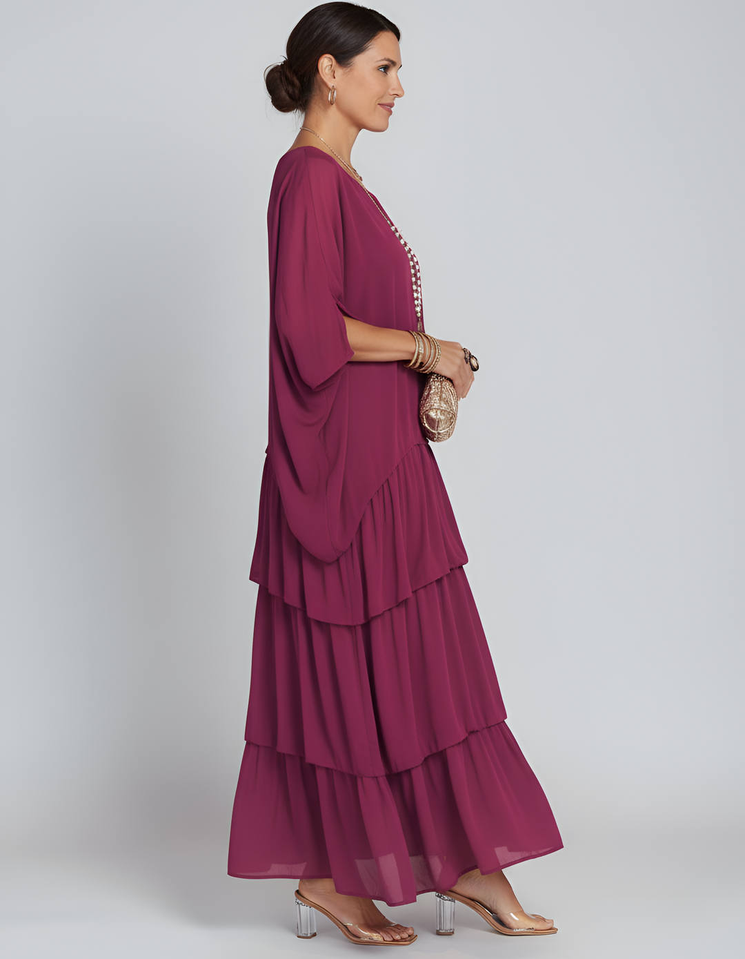 Women's Tiered Maxi Dress with Round Neck and 3/4 Sleeves
