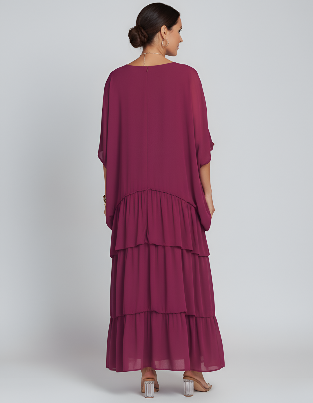 Women's Tiered Maxi Dress with Round Neck and 3/4 Sleeves