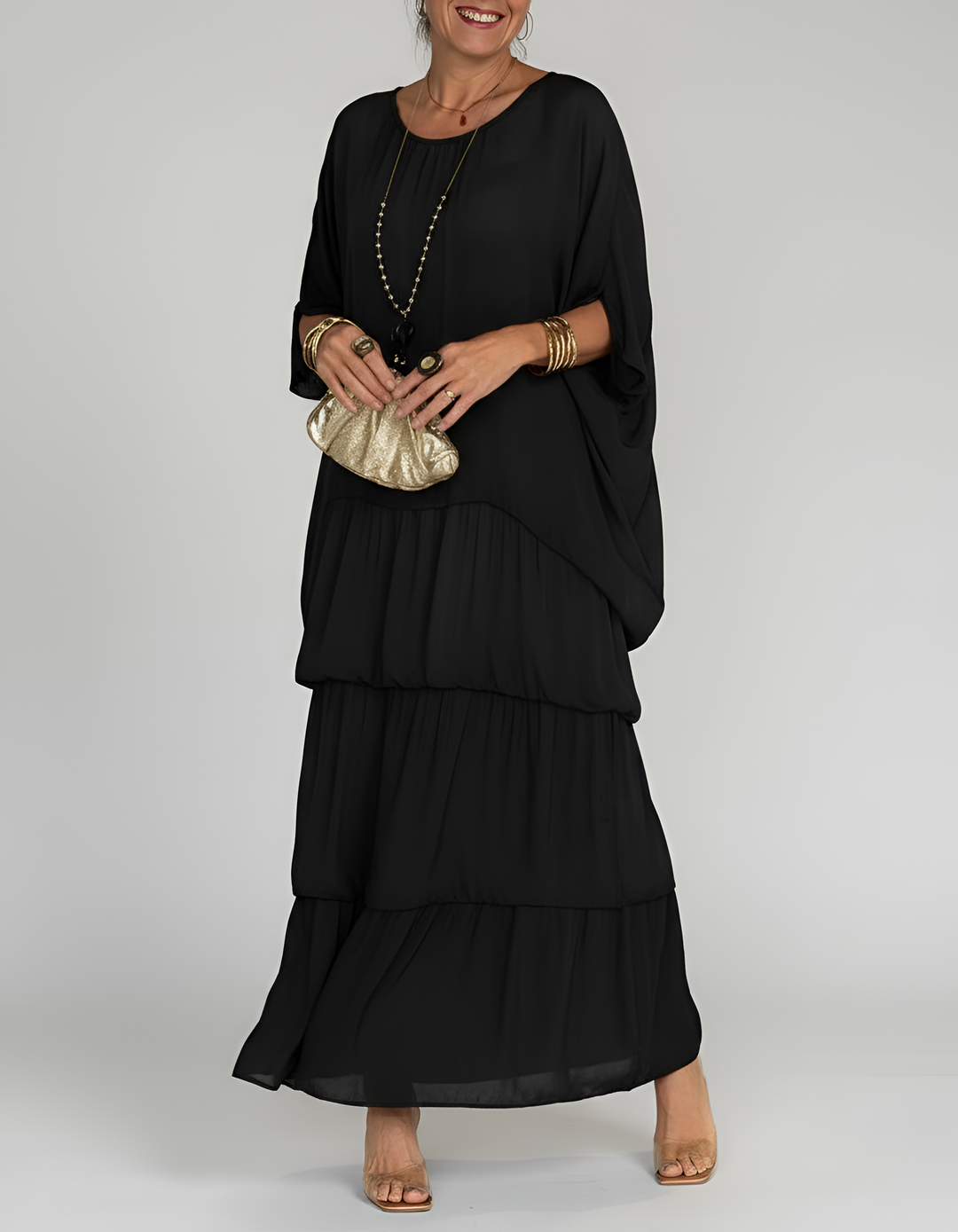 Women's Tiered Maxi Dress with Round Neck and 3/4 Sleeves