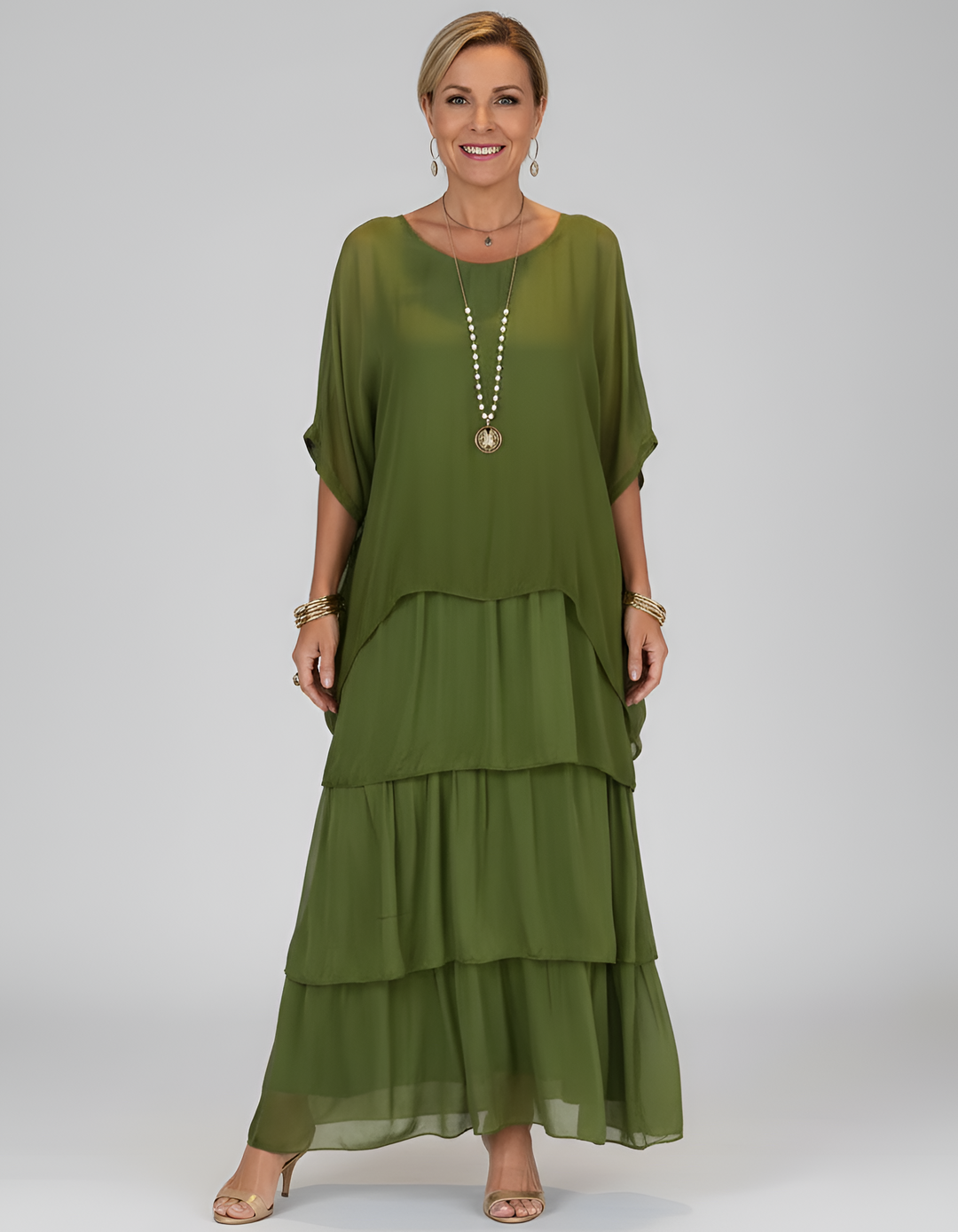 Women's Tiered Maxi Dress with Round Neck and 3/4 Sleeves