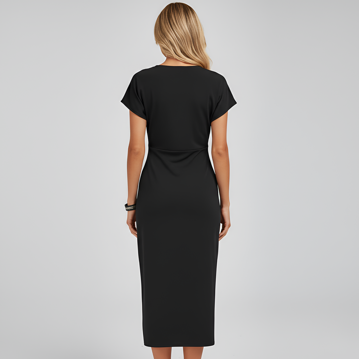 Women's Wrap-Front V-Neck Midi Dress with Short Sleeves