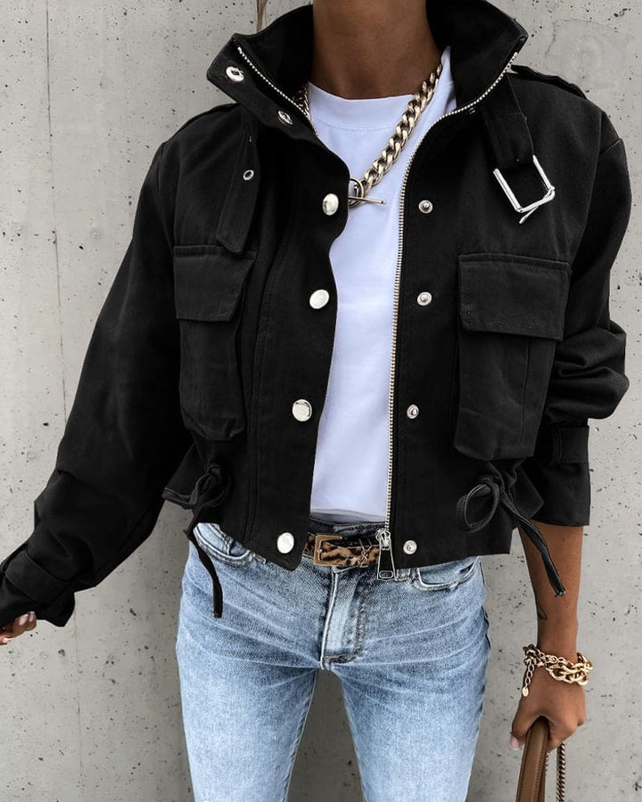 Women's Cropped Utility Jacket with Snap Button Closure