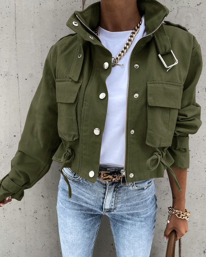 Women's Cropped Utility Jacket with Snap Button Closure
