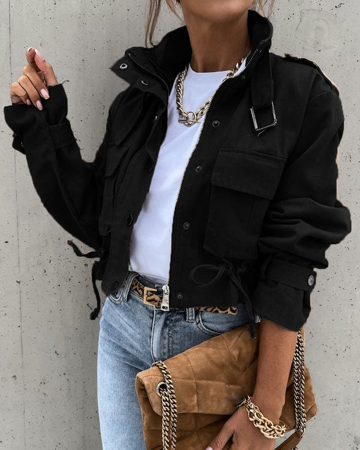 Women's Cropped Utility Jacket with Snap Button Closure
