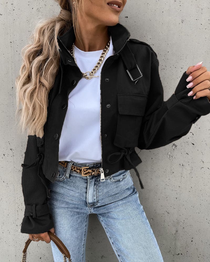Women's Cropped Utility Jacket with Snap Button Closure
